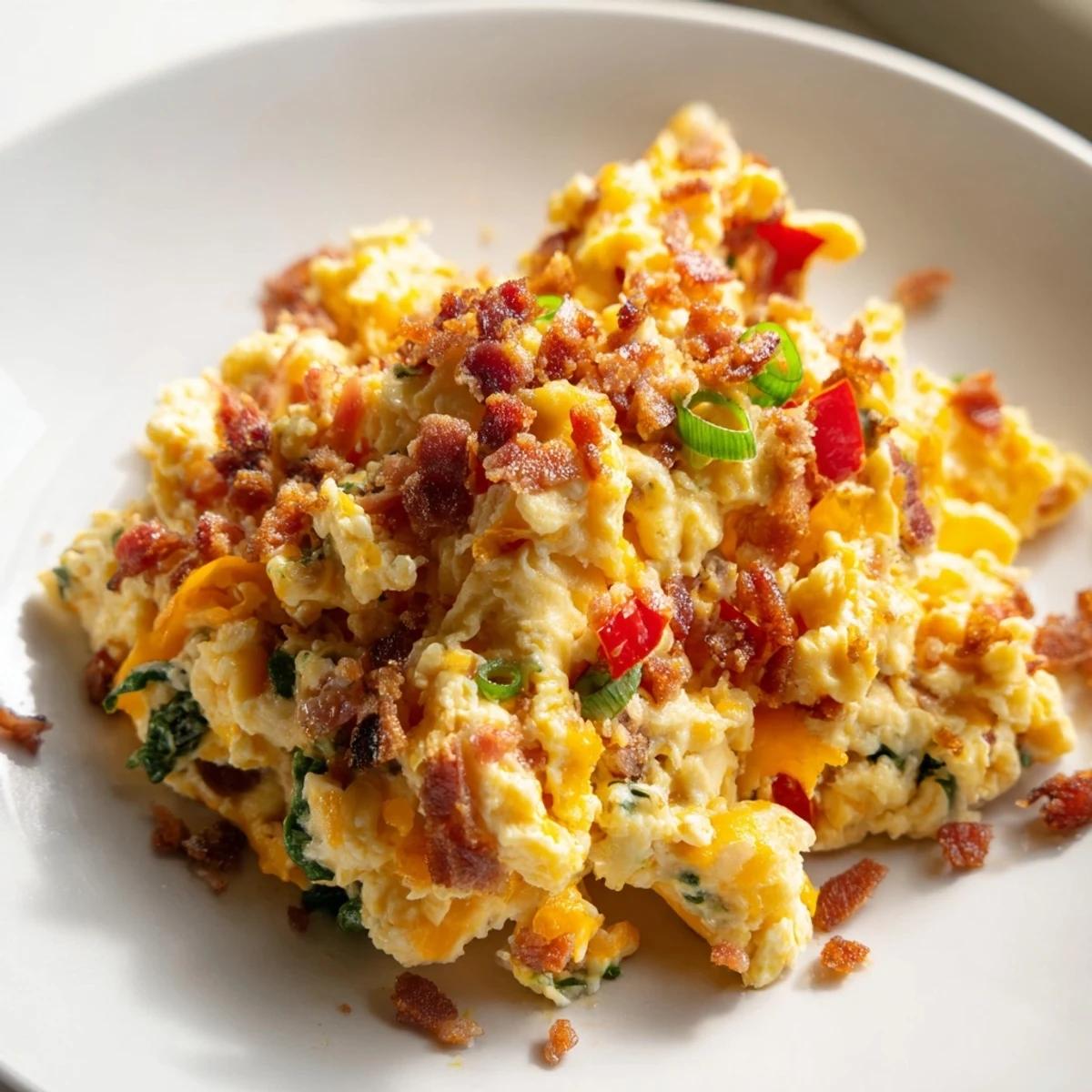 Loaded Scrambled Eggs topped with green onions and crumbled bacon for a hearty American breakfast.