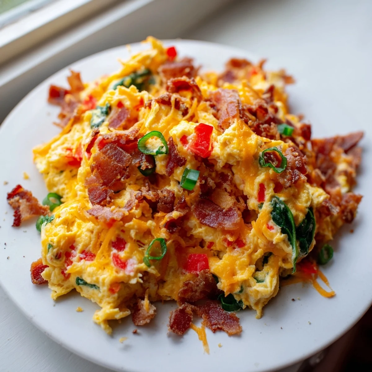 Freshly cooked Loaded Scrambled Eggs folded with spinach and cheese, served warm in a skillet.