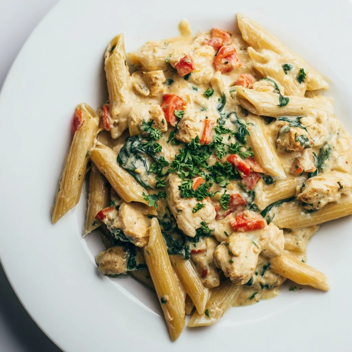 One pan creamy chicken pasta in a deep skillet with steam rising, featuring tender chicken pieces, diced red bell pepper, and wilted spinach coated in a luscious cream sauce. 
