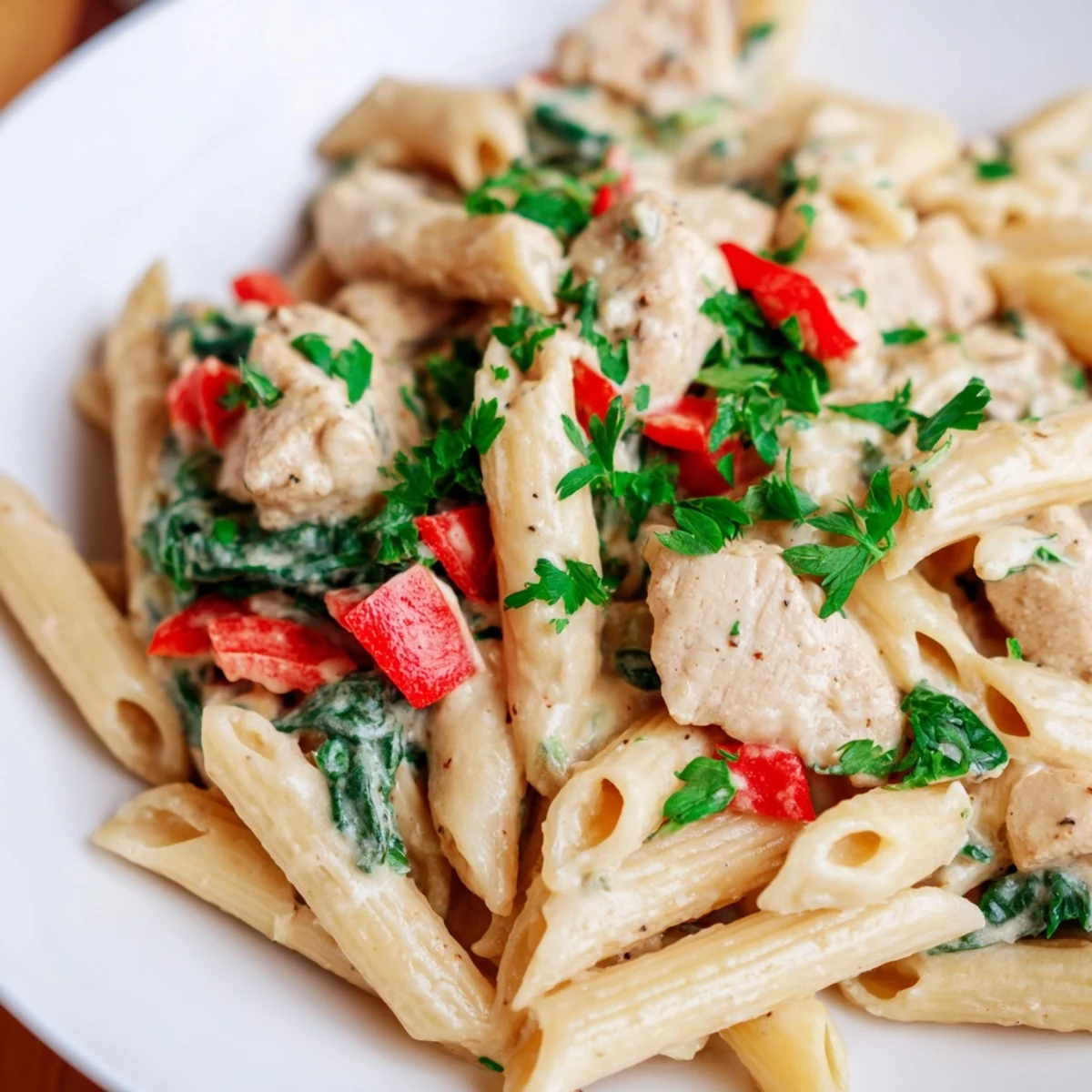 A close-up of the one pan creamy chicken pasta garnished with fresh parsley, showing penne noodles and melted Parmesan, ready to be served as a comforting family dinner. 