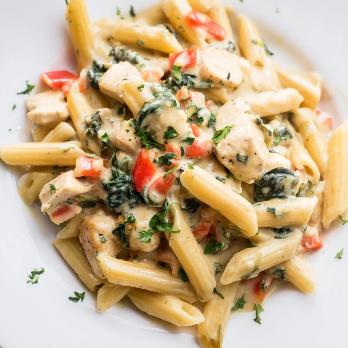 The finished one pan creamy chicken pasta dish is plated in a white bowl, garnished with chopped parsley and extra Parmesan cheese, with a simple green salad beside it.