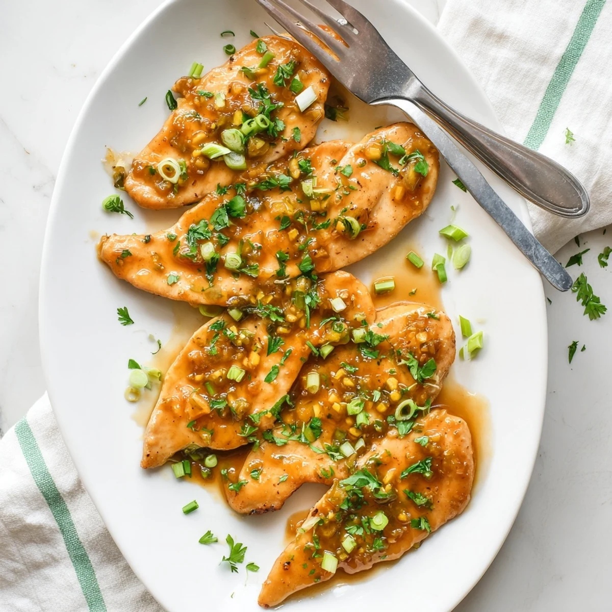 Golden-brown chicken breasts glistening with sticky apricot sauce, garnished with fresh parsley and green onions, served alongside fluffy white rice for a comforting Classic Apricot Chicken meal.