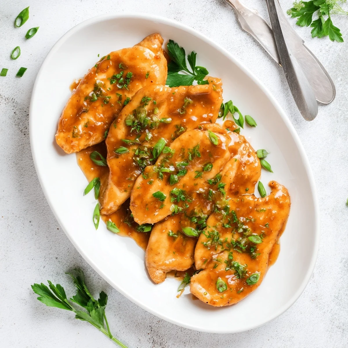 Tender chicken pieces coated in tangy apricot glaze, baked to perfection and resting in a cast-iron skillet, ready to be served with roasted vegetables for a savory Classic Apricot Chicken dinner.