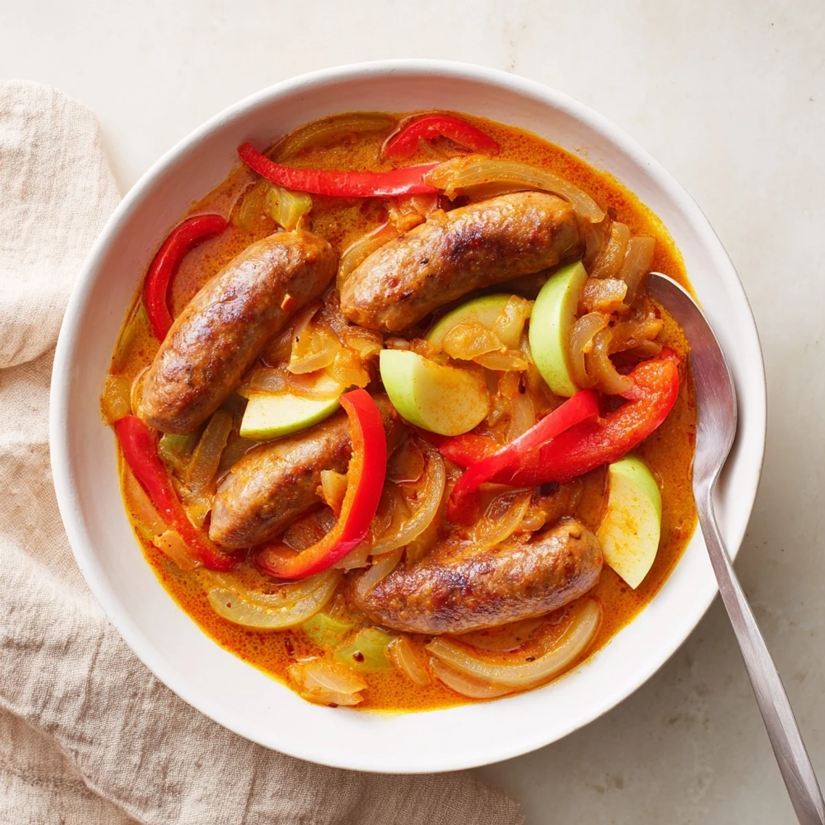 Close-up of Sweet and Savory Sausage Curry in a skillet, featuring tender pork sausages and red bell peppers in a rich, spiced tomato sauce. 