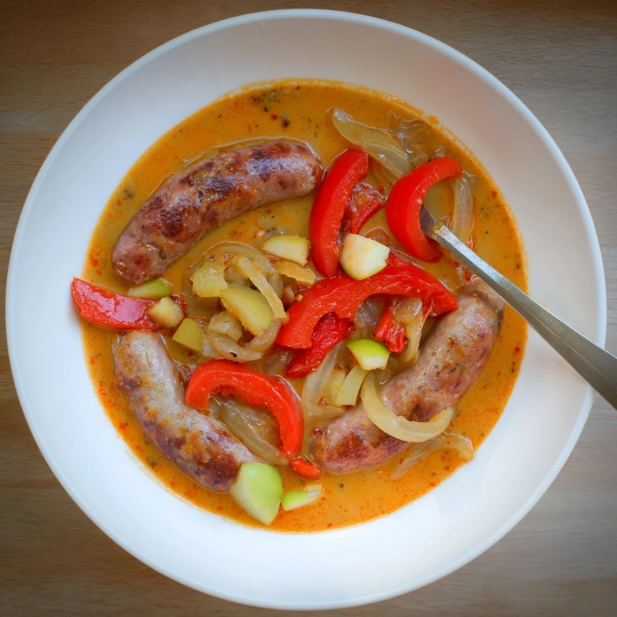A serving bowl of Sweet and Savory Sausage Curry paired with fluffy white rice and a dollop of yogurt, ready to enjoy. 