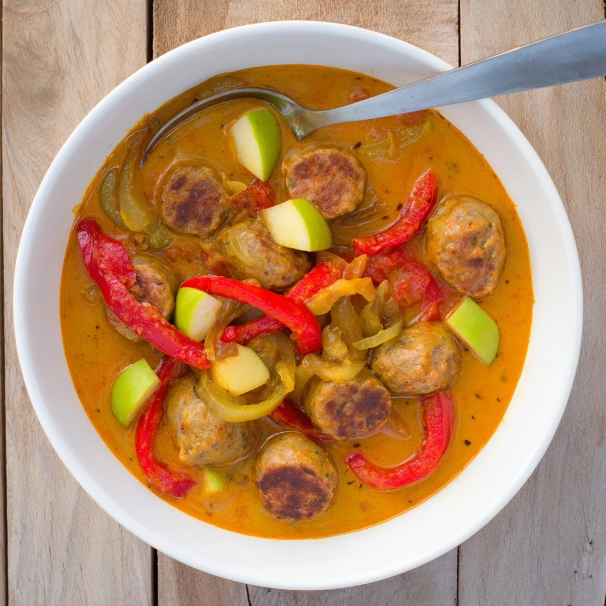 Freshly made Sweet and Savory Sausage Curry simmering in a pot, showing diced apple and carrots mingling with aromatic spices.