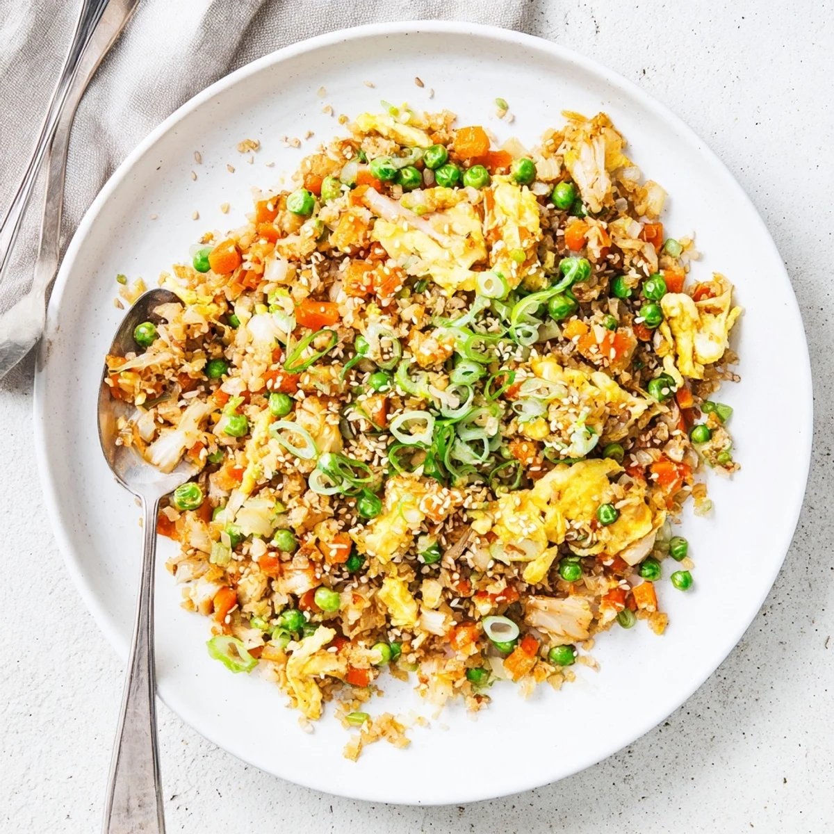 A close-up of Cauliflower Fried Rice with Kimchi and Eggs, featuring fluffy cauliflower grains, crunchy carrots, and vibrant pink kimchi in a skillet.