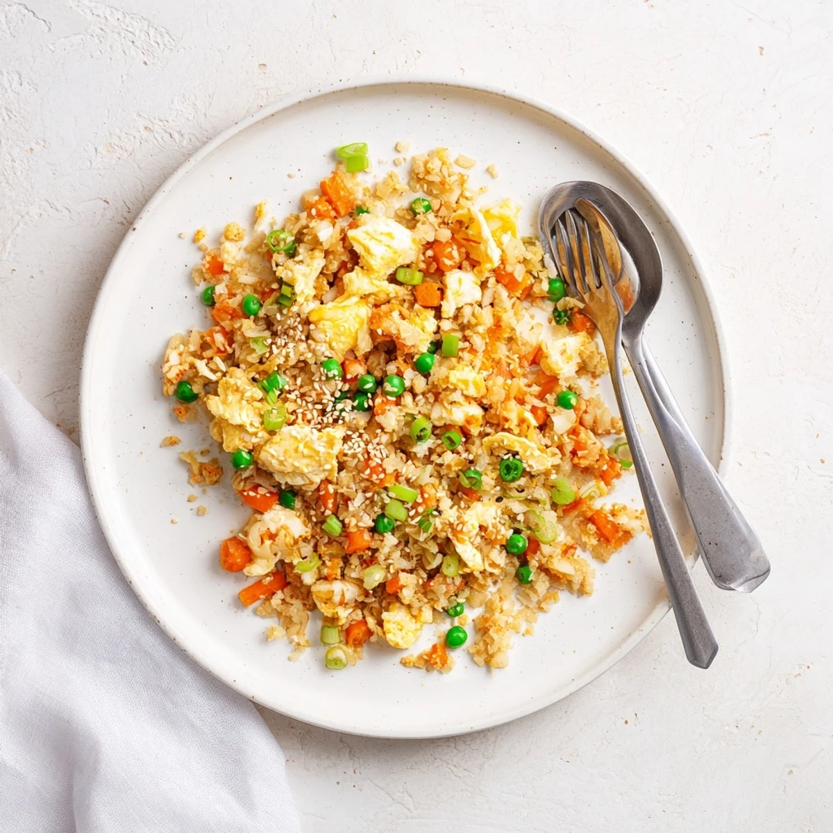 Cauliflower Fried Rice with Kimchi and Eggs sizzling in a wok, with golden scrambled eggs and steaming vapor rising in the kitchen.