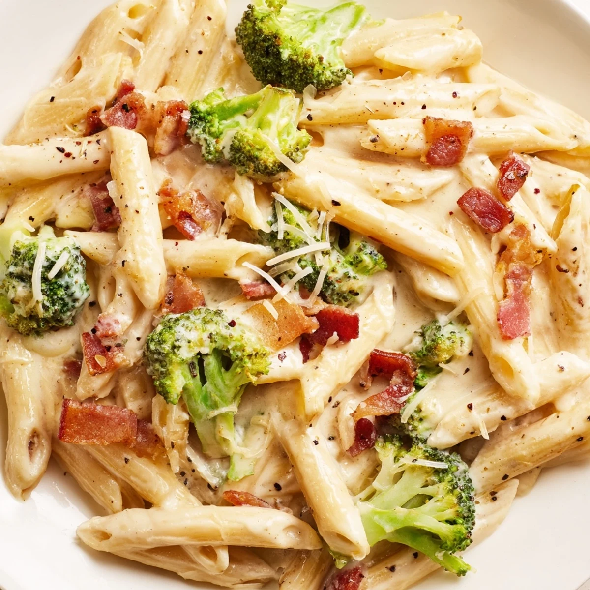 Creamy penne pasta tossed with crispy bacon, tender broccoli florets, and freshly grated Parmesan.