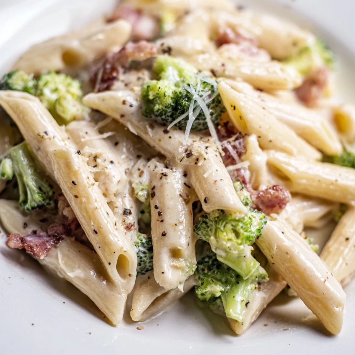 Golden-brown bacon pieces and bright green broccoli on top of a cheesy pasta dish.
