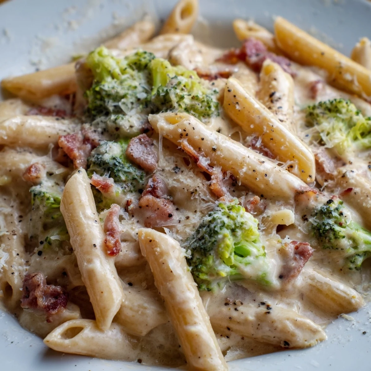 A close-up of Bacon Broccoli and Parmesan Pasta, garnished with extra cheese and red pepper flakes.