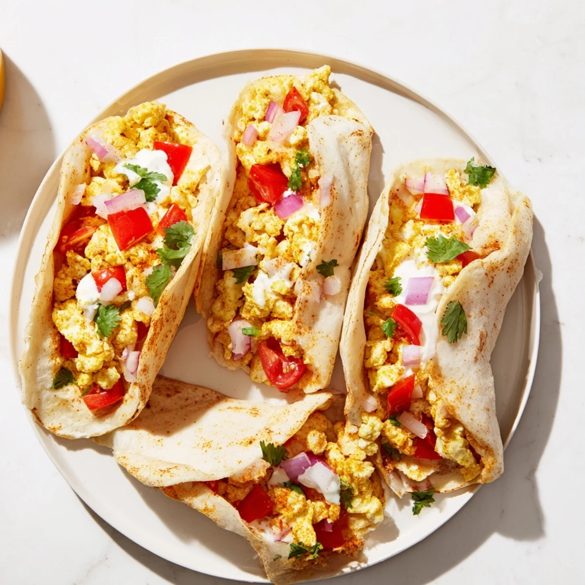 Fresh Tex Mex Egg Tortilla Pockets filled with sautéed vegetables, cherry tomatoes, and cilantro, drizzled with sour cream for a zesty breakfast.