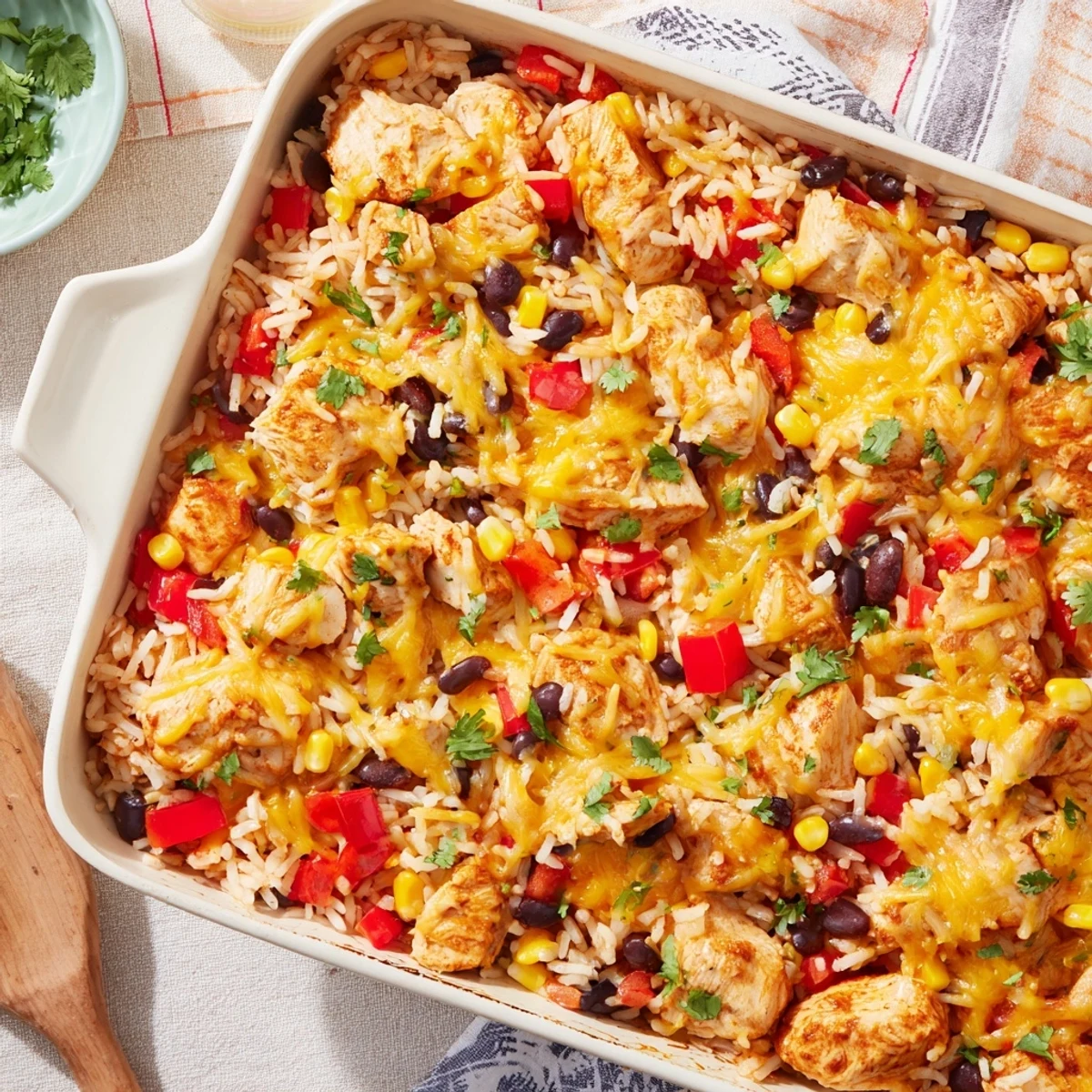 A close-up of Mexican Chicken and Rice Bake, a colorful casserole with melted cheese, cilantro, and lime wedges.