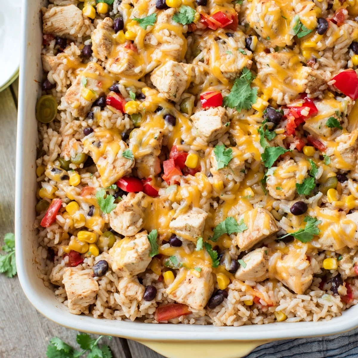 Fresh cilantro and lime garnish a warm Mexican Chicken and Rice Bake, served from a baking dish in a kitchen.