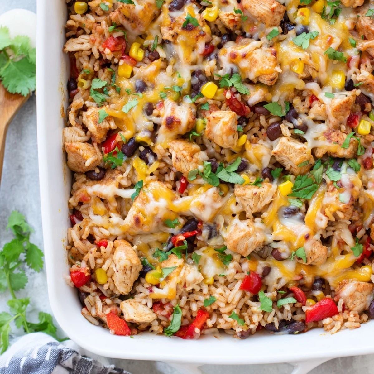 Golden, bubbly cheese tops the Mexican Chicken and Rice Bake, with red bell pepper and jalapeños visible on top.