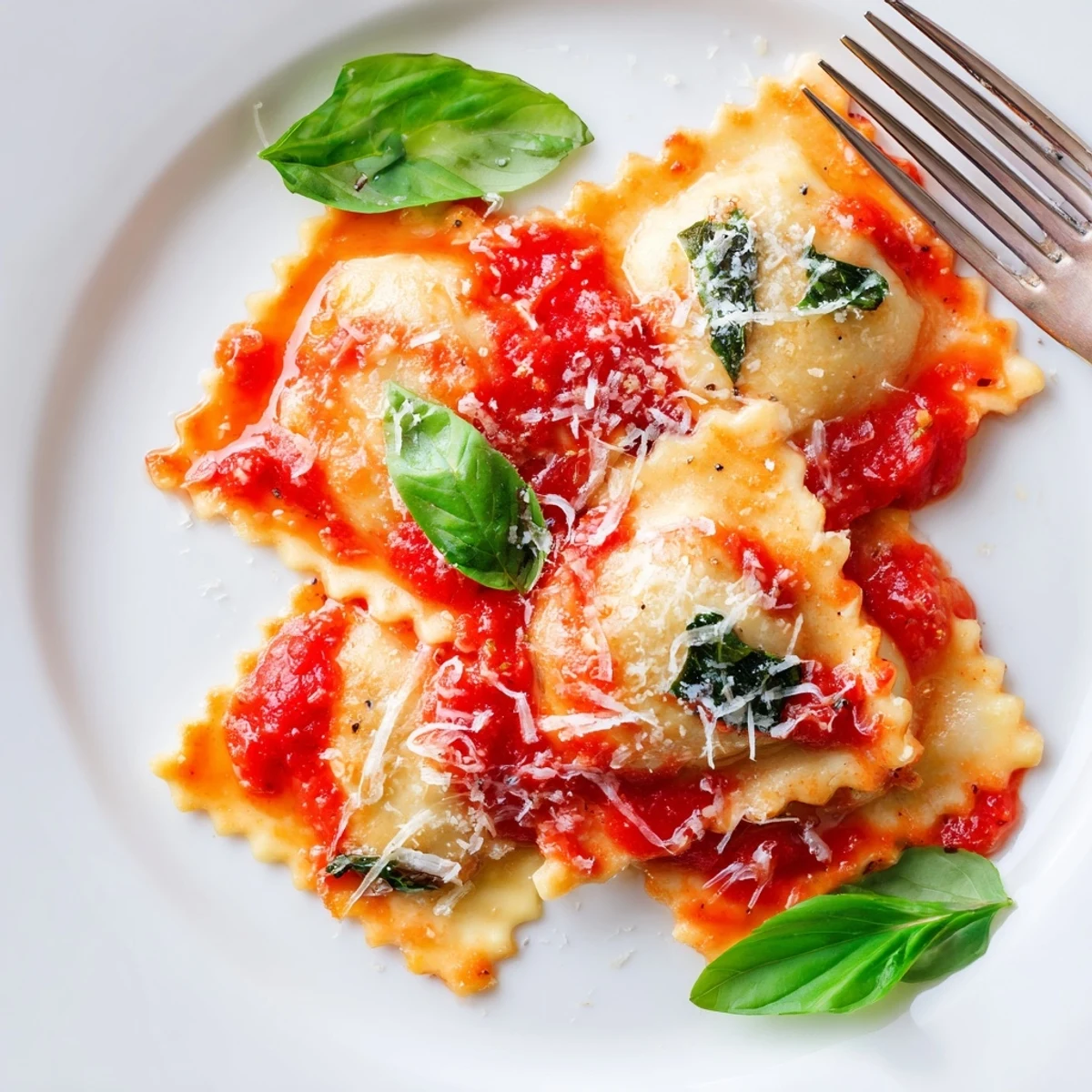 A close-up of Chicken and Mushroom Ravioli with Simple Tomato Sauce, featuring golden pasta squares topped with a vibrant red sauce and fresh basil leaves.
