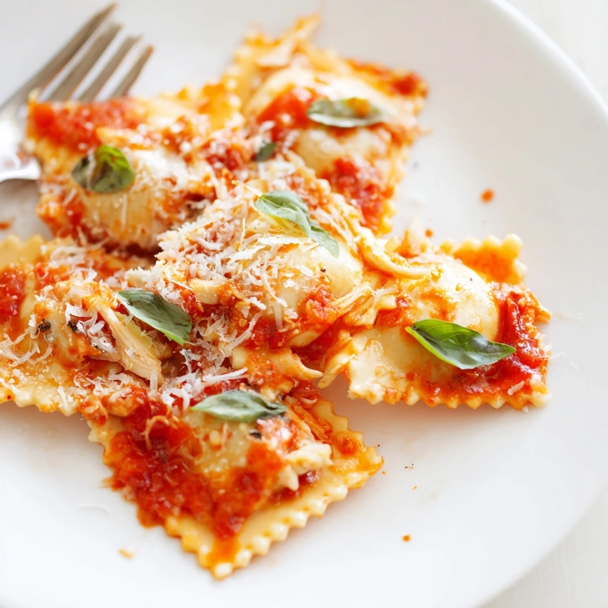 A rustic wooden table holds Chicken and Mushroom Ravioli with Simple Tomato Sauce, steaming in a white bowl with fresh parsley and garlic bread on the side.