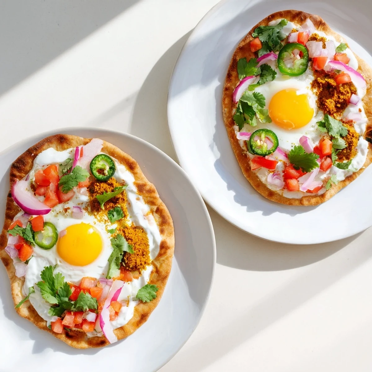 Warm, buttery naan topped with golden curried fried eggs, fresh herbs, and a tangy yogurt drizzle.