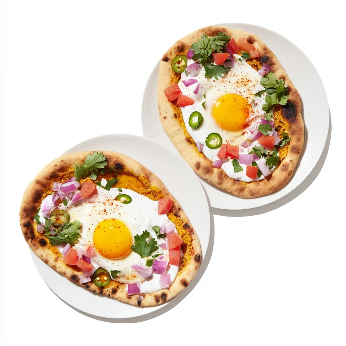 Indian-inspired curried fried egg open naan with runny yolks and creamy yogurt sauce, ready to serve.