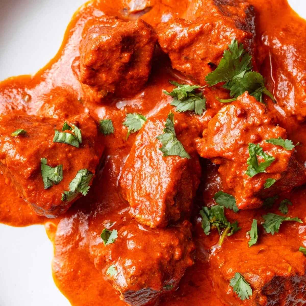 Savory Indian beef curry with tender chunks simmered in rich spiced tomato gravy