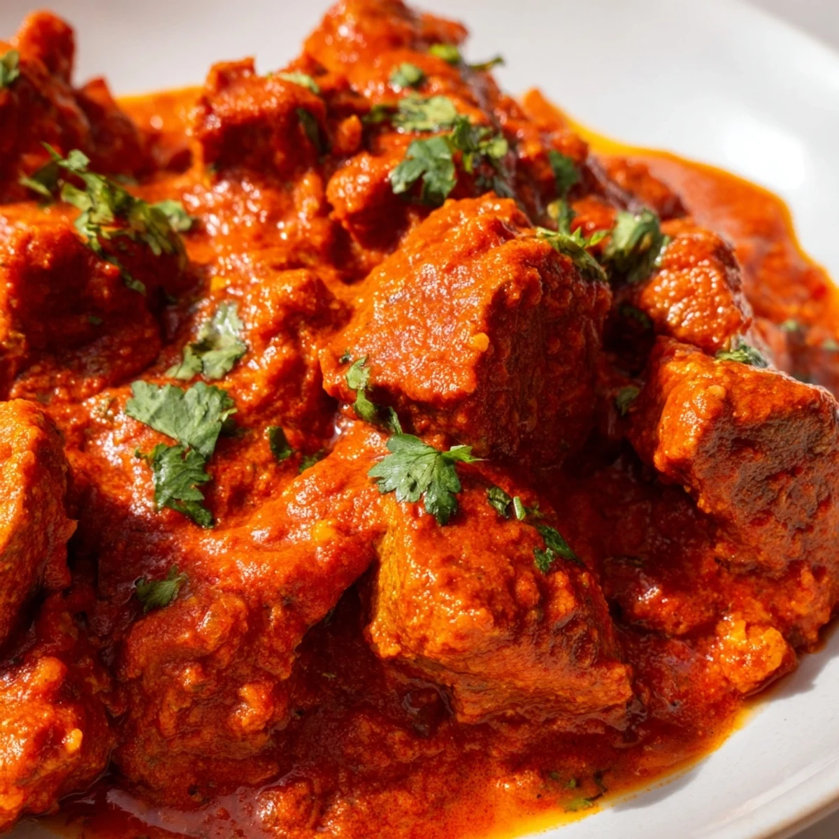 Golden beef curry garnished with fresh cilantro served over fluffy white basmati rice