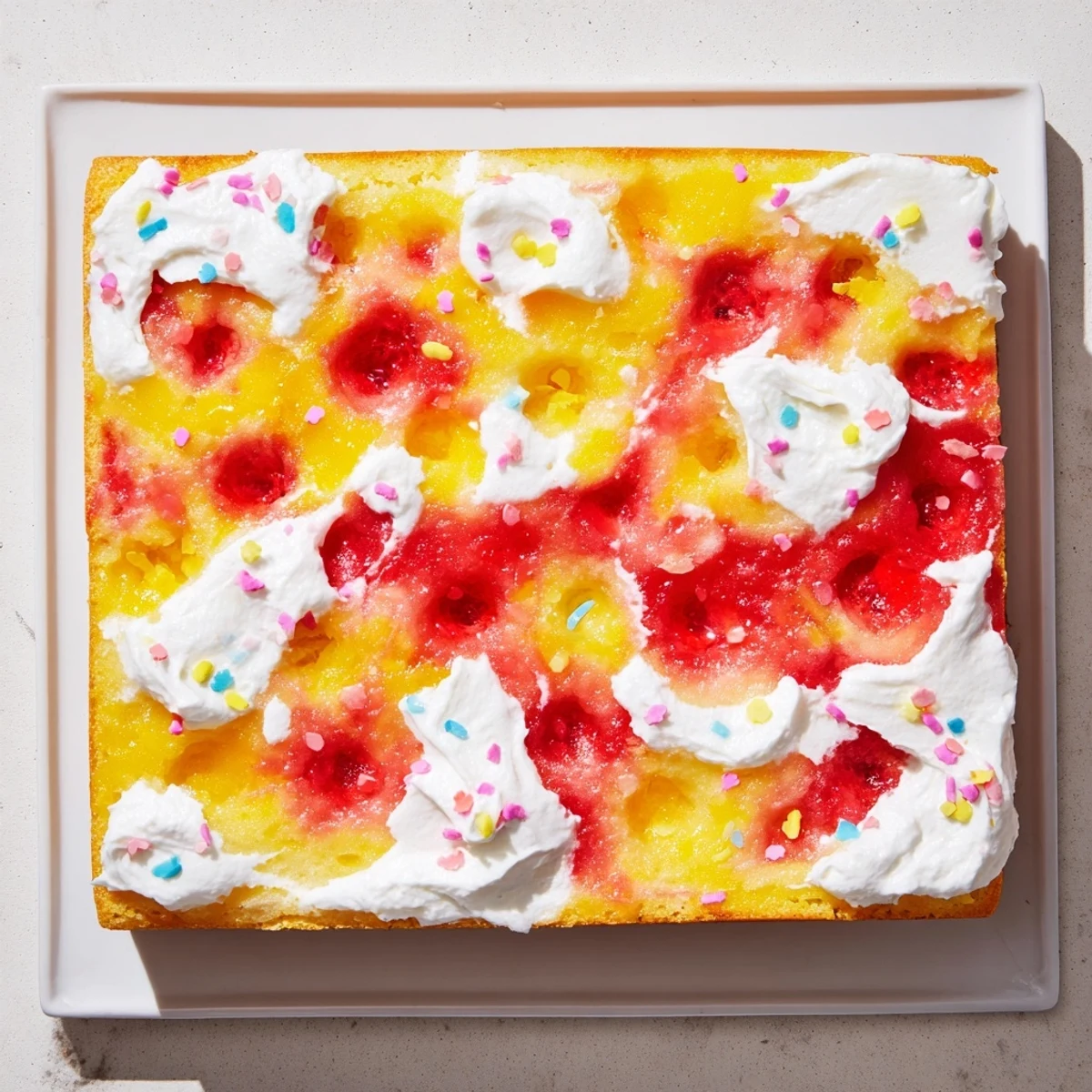 Festive Easter poke cake featuring bright gelatin pockets under fluffy whipped cream and pastel sprinkles