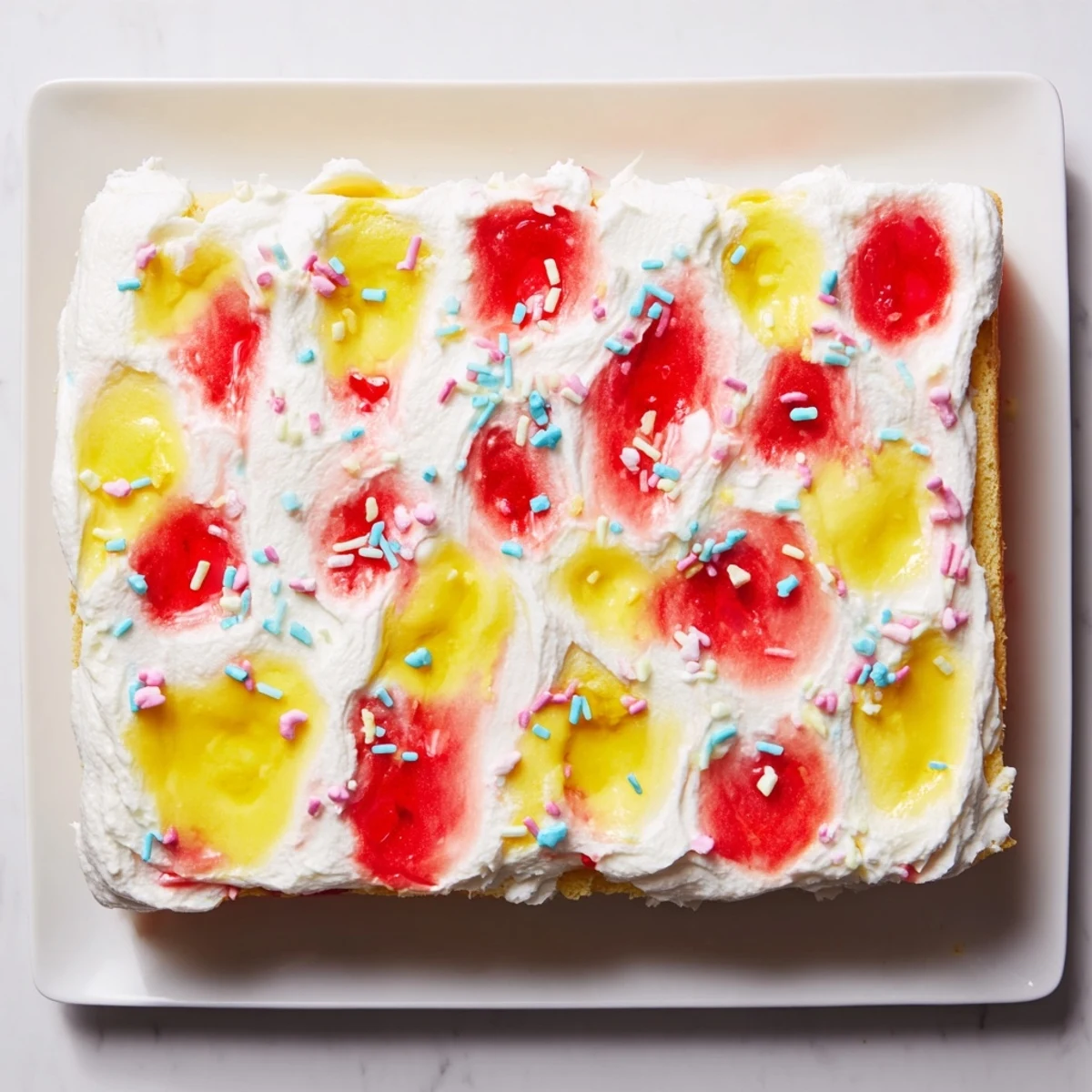 Colorful vanilla cake infused with strawberry and lemon gelatin topped with sweet whipped cream