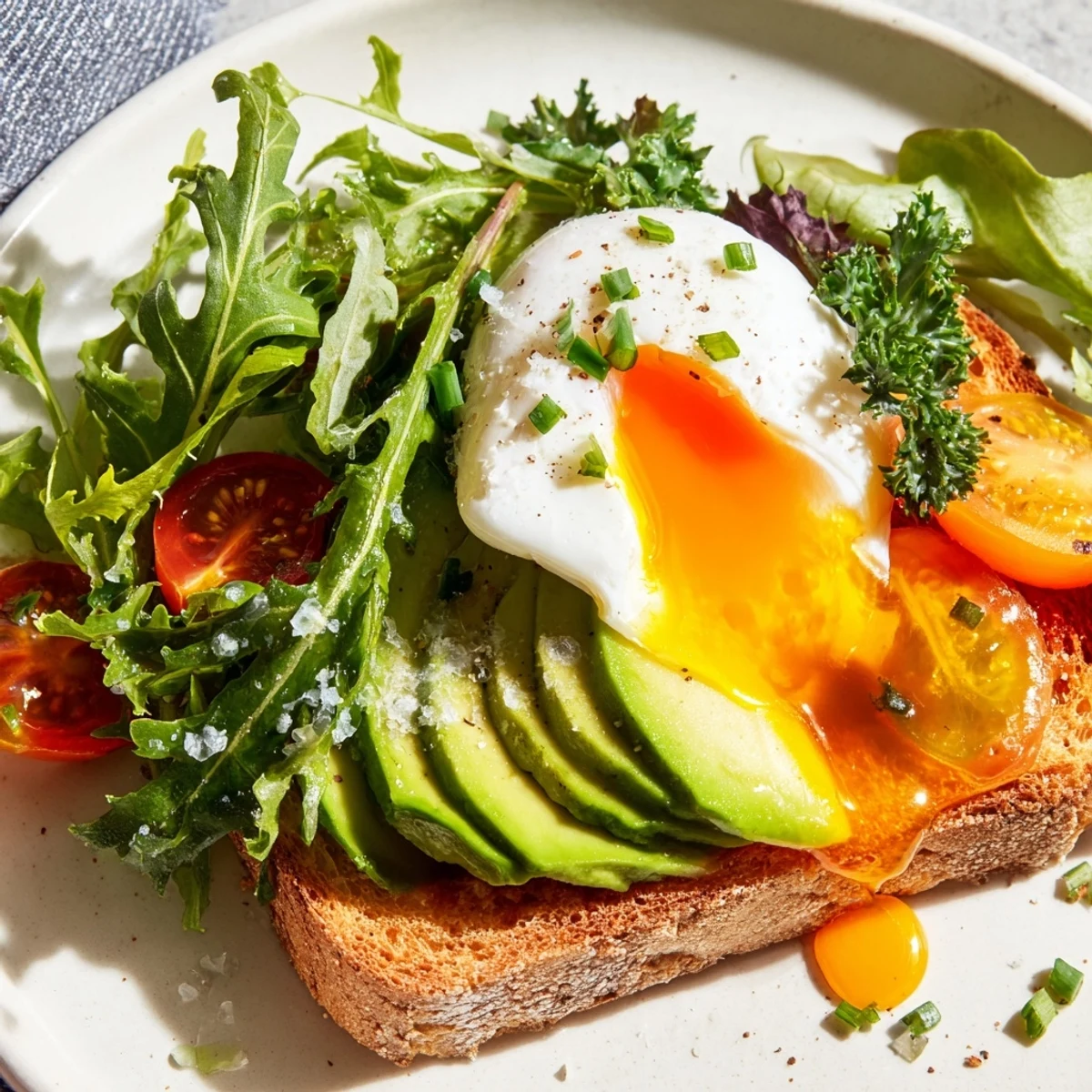Golden soft-boiled eggs nestled on crisp artisan toast with fresh greens and sliced avocado