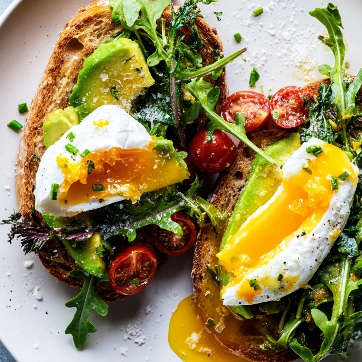 Wholesome morning meal with soft eggs, whole grain toast, and vibrant mixed salad greens