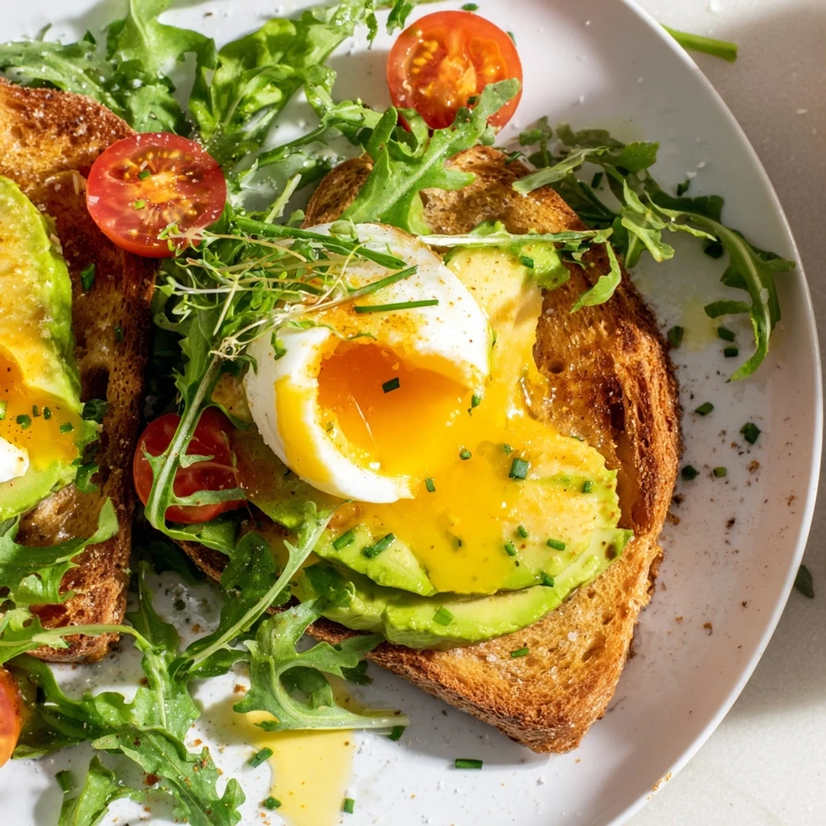 Protein-packed savory breakfast plate featuring jammy eggs, arugula, and cherry tomatoes on toasted bread