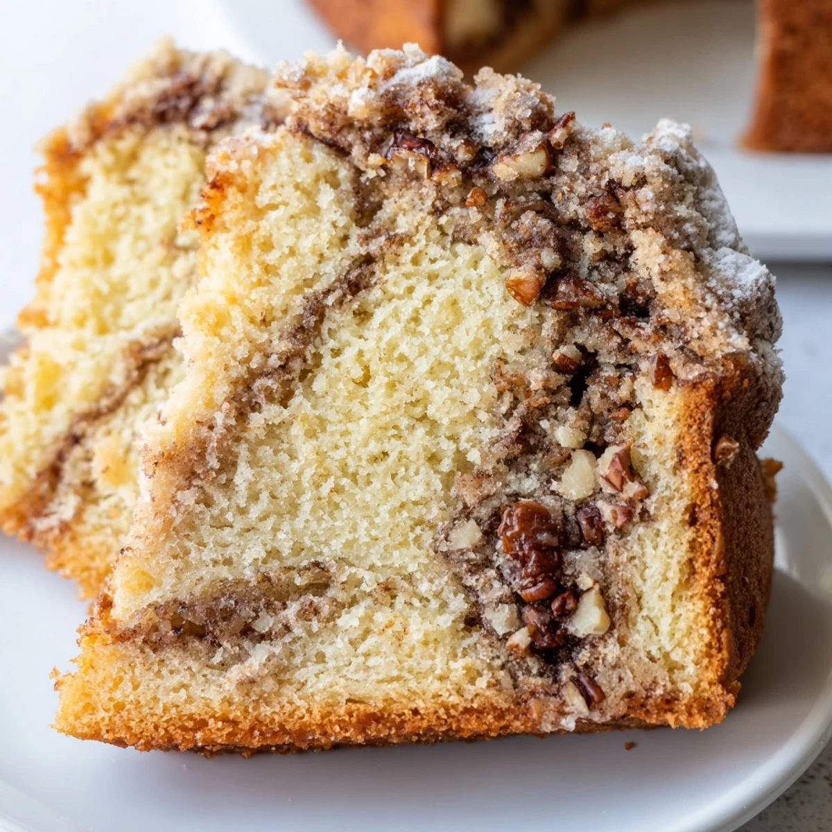 Golden breakfast Bundt coffee cake with cinnamon swirl and powdered sugar dusting