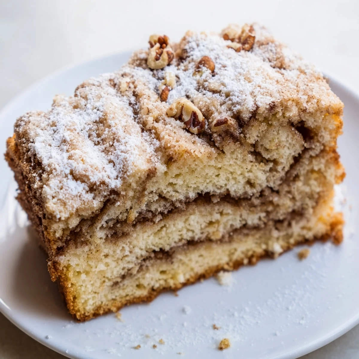 Homemade breakfast Bundt coffee cake with ribbons of brown sugar cinnamon on a serving plate