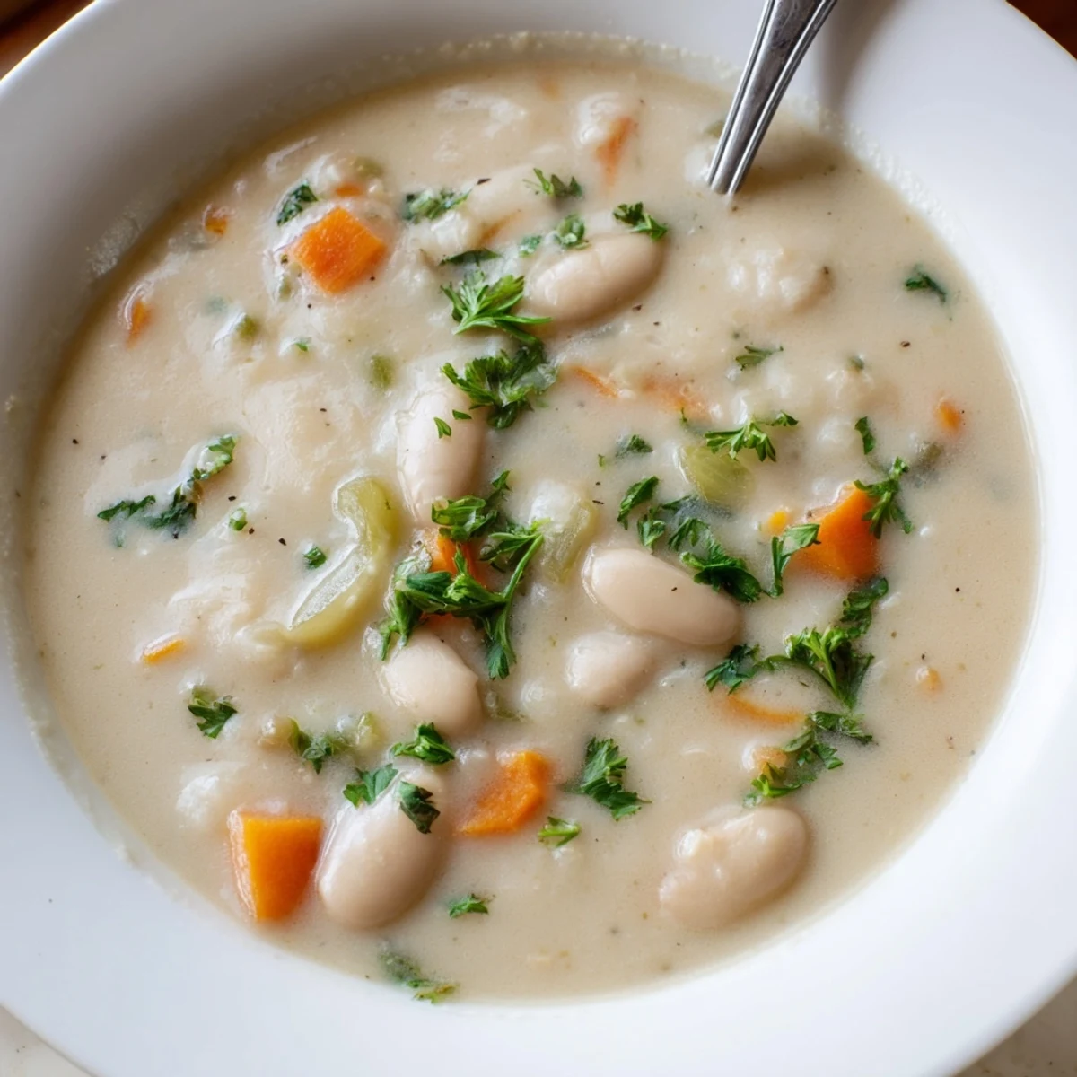 Hearty rosemary garlic white bean soup featuring tender vegetables and creamy beans