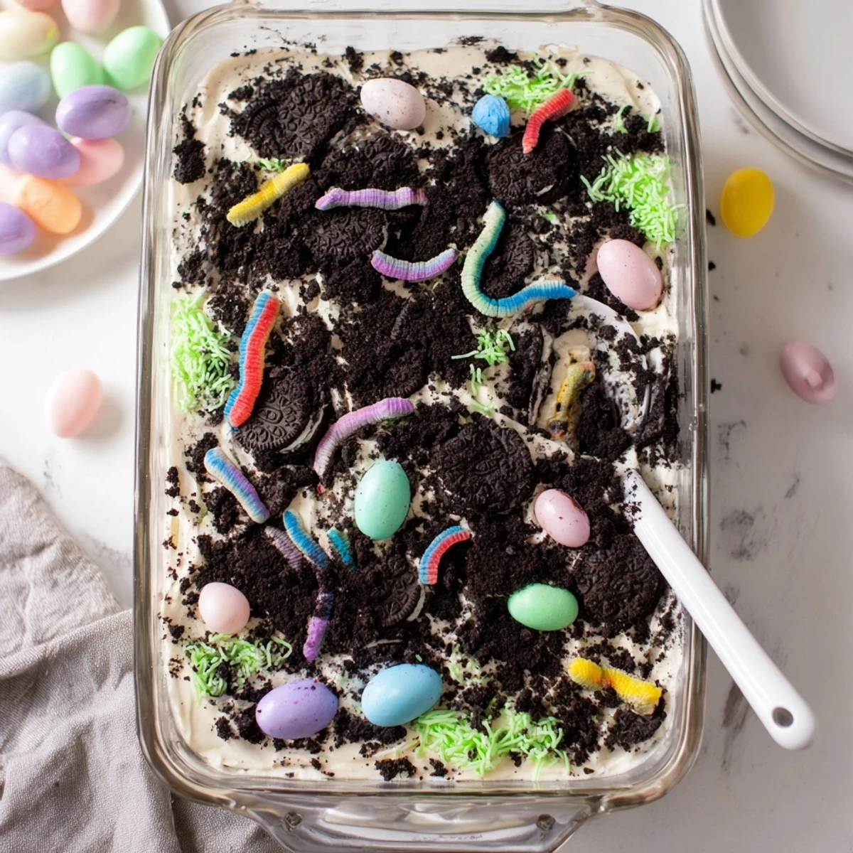 Creamy no-bake Easter dirt cake casserole topped with Oreo crumbs, pastel candy eggs, and green coconut grass