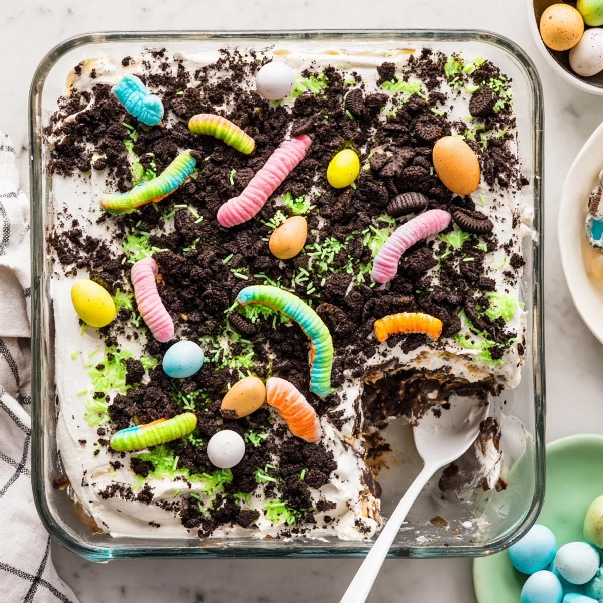 Easter dirt cake casserole with crushed chocolate cookies, creamy vanilla pudding layers, and colorful gummy worms on top