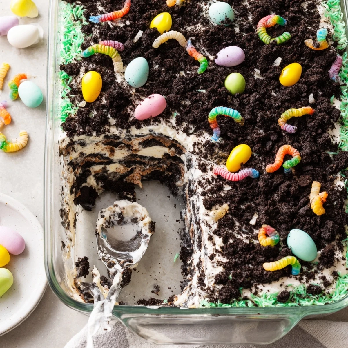 Whimsical Easter dirt cake casserole displaying layers of smooth cream cheese filling beneath dark chocolate cookie soil