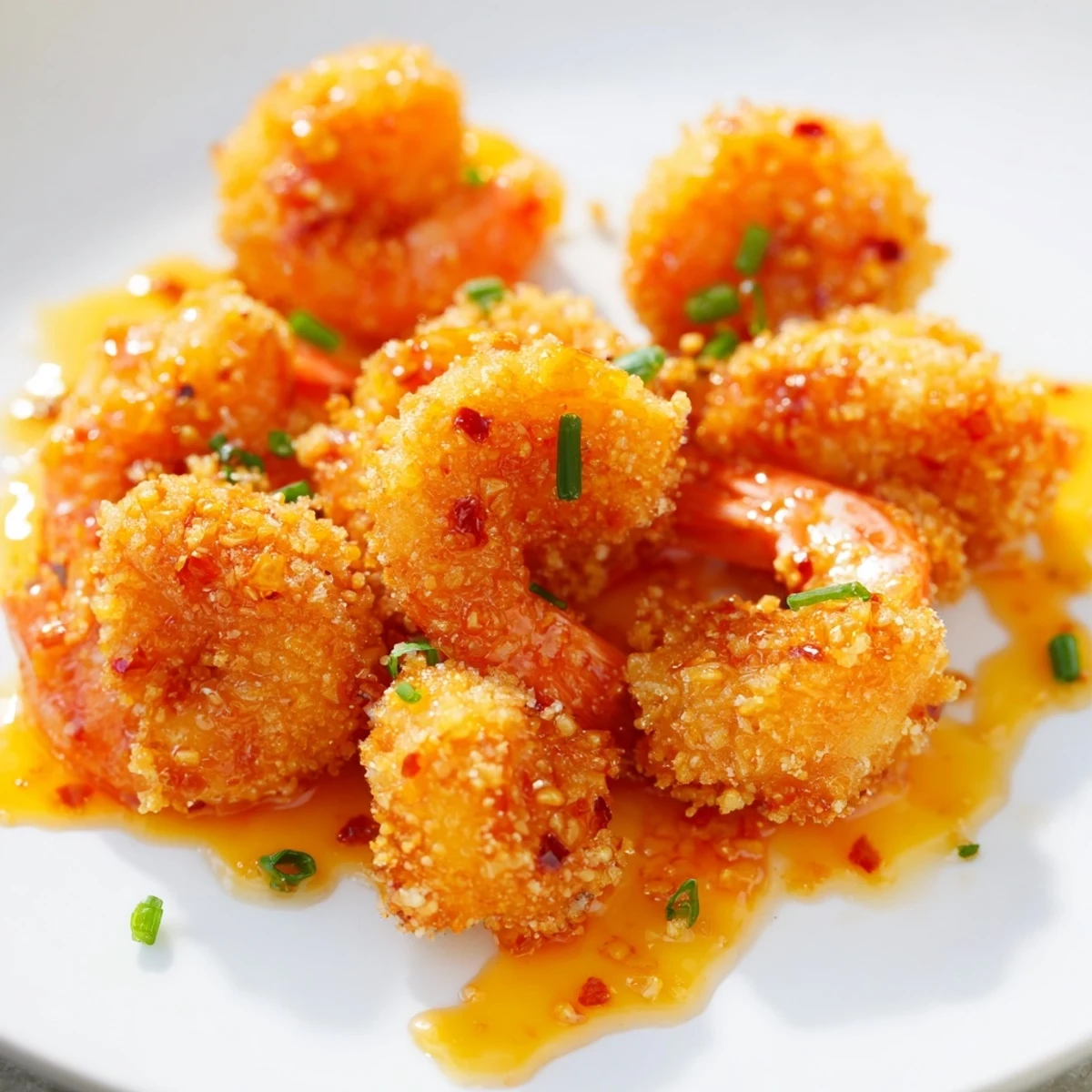 Golden crispy hot honey fried shrimp drizzled with spicy sweet glaze and fresh chives