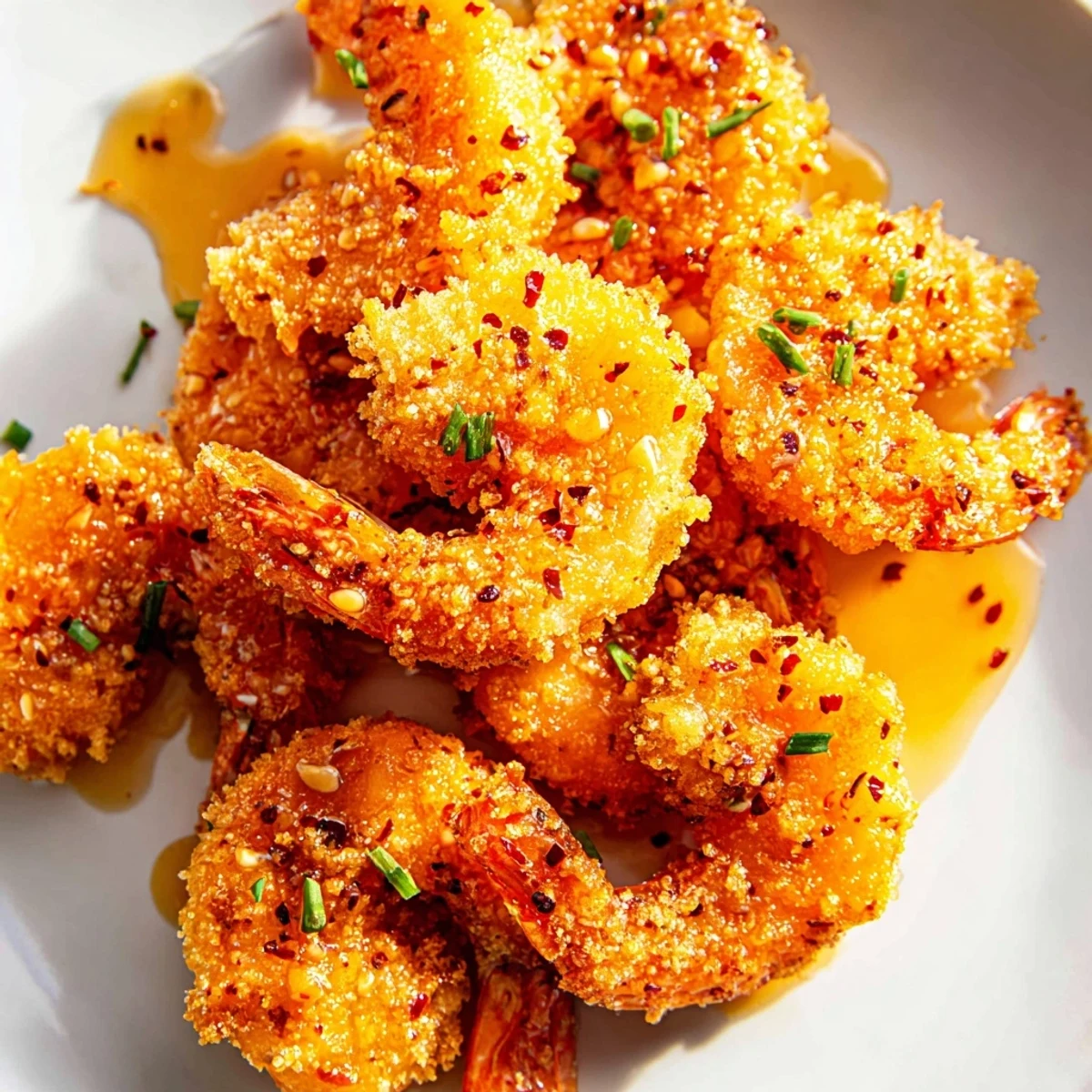Plate of hot honey fried shrimp featuring crunchy panko coating and sticky honey sauce