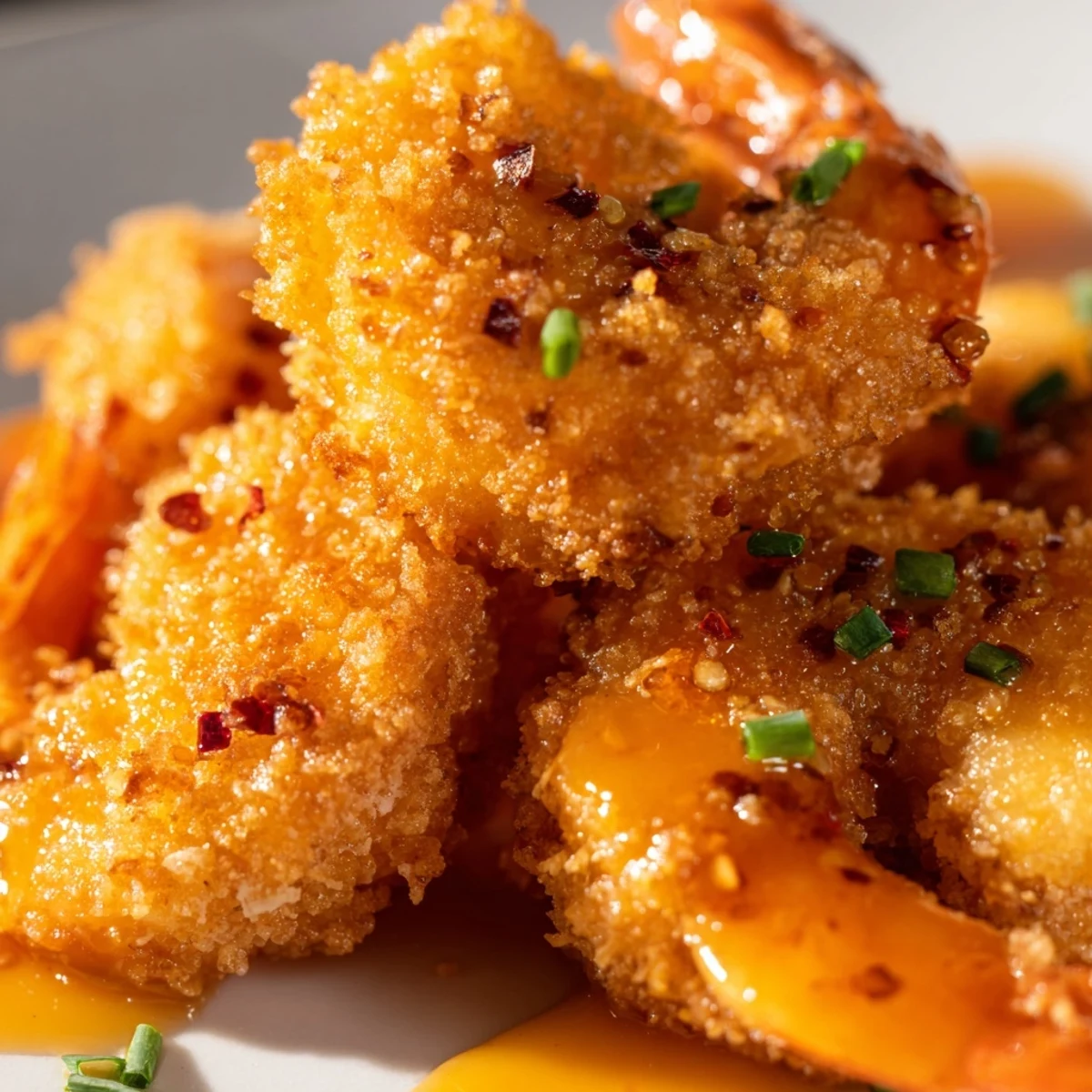 Hot honey fried shrimp arranged on serving platter with lemon wedges and parsley garnish