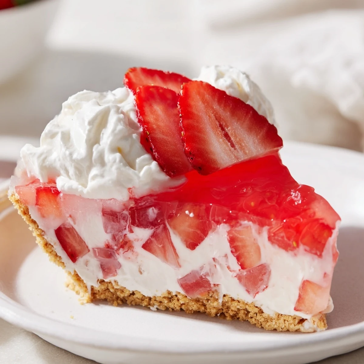 Easter No Bake Jello Pie featuring creamy strawberry filling atop golden graham cracker crust