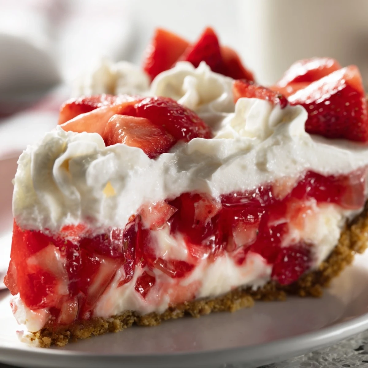 Slices of creamy Easter No Bake Jello Pie showcase vibrant strawberry Jello and graham layers