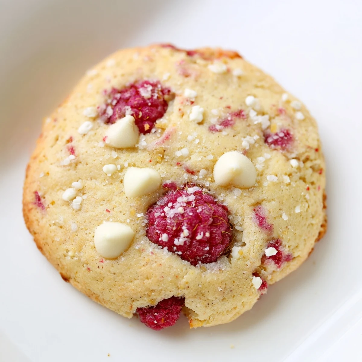 Soft lemon raspberry cookies with juicy red berries and white chocolate chips on a white plate