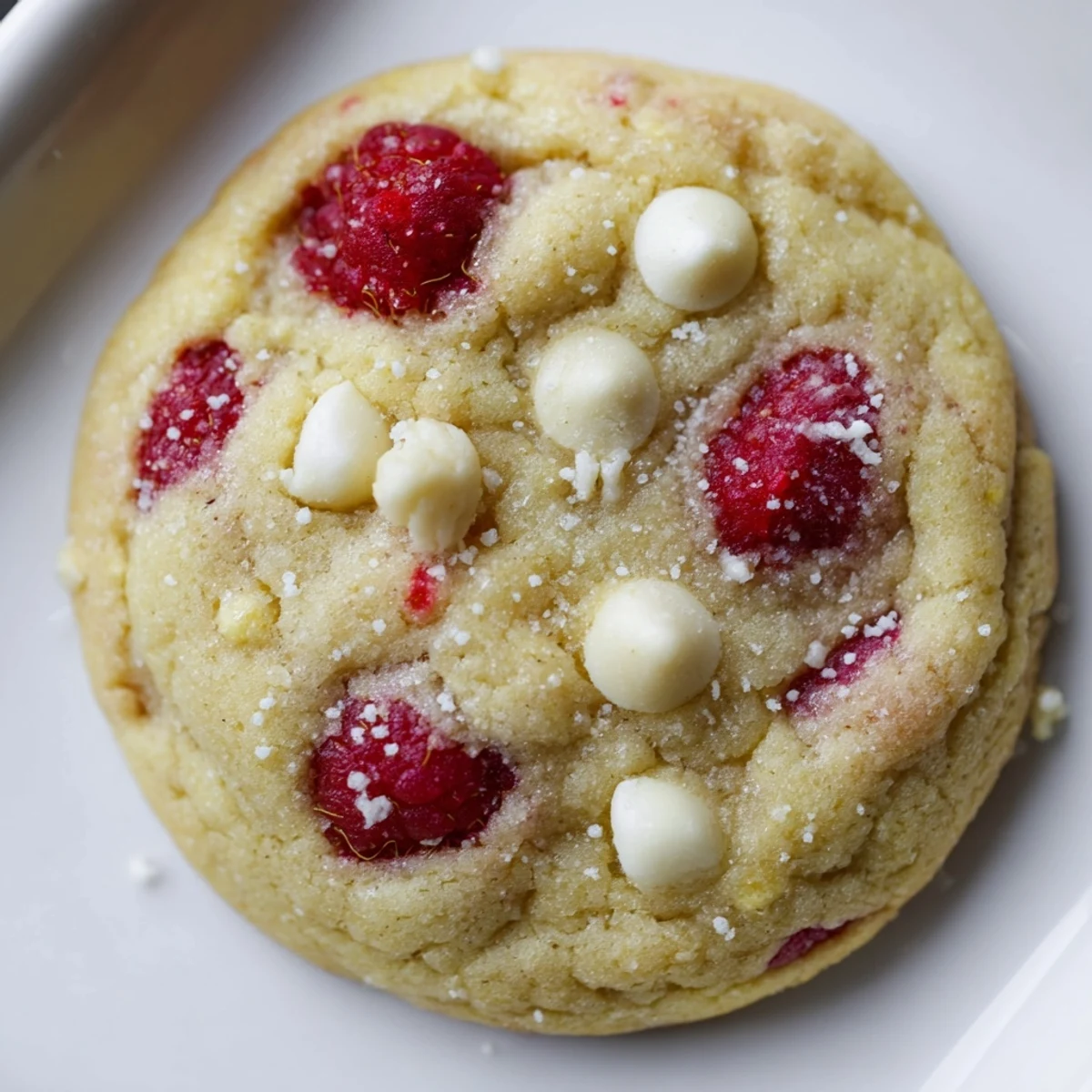 Close up of chewy lemon raspberry cookies showing bright berry chunks and sugary tops