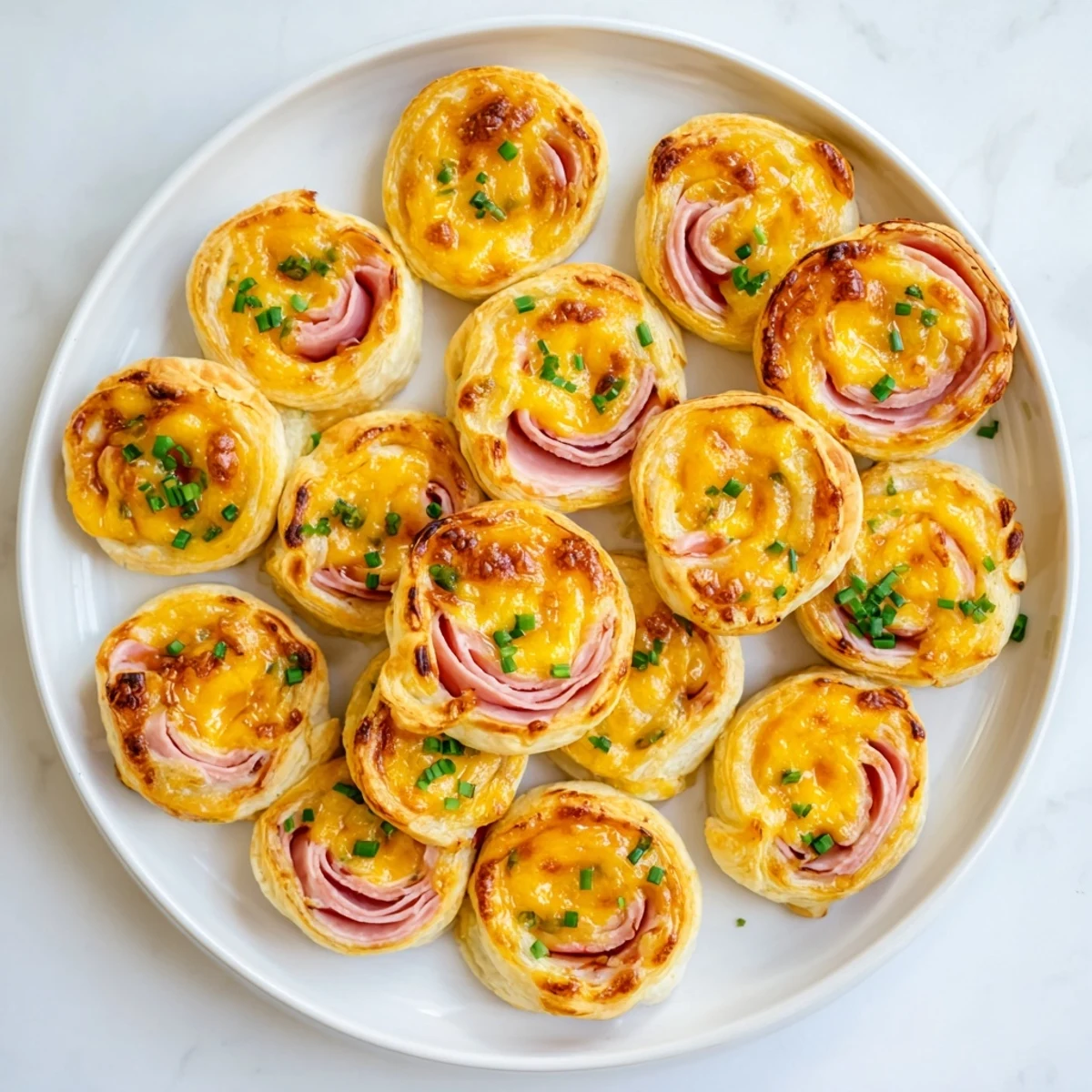 Flaky spiral pastry appetizer featuring smoky ham and melted sharp cheddar cheese ready for spring parties