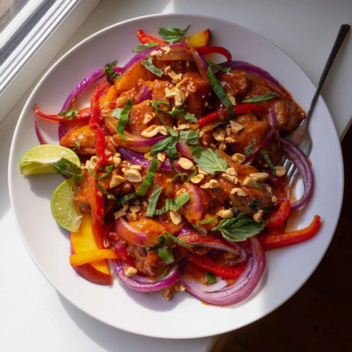Golden Thai peach chicken with juicy peaches and colorful bell peppers in aromatic sauce