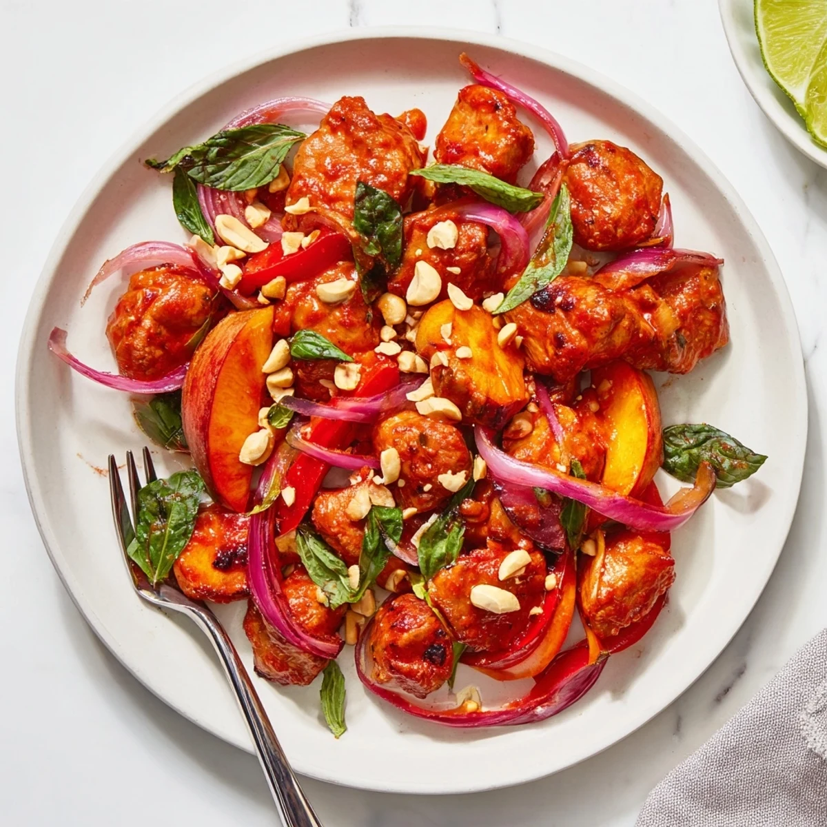 Tender chicken pieces simmered with fresh peaches in sweet spicy Thai sauce over rice