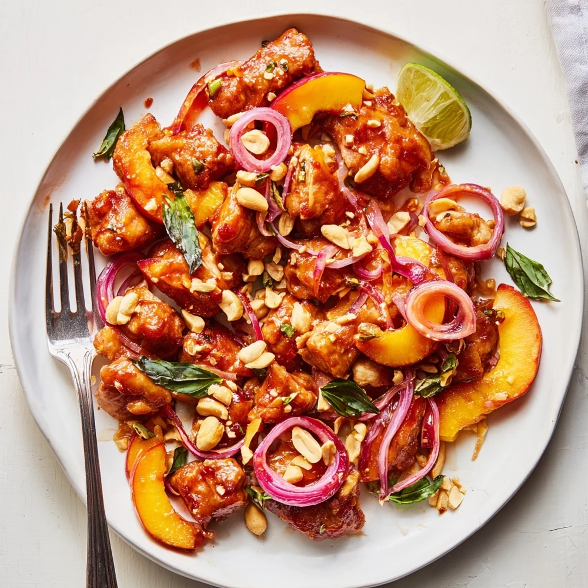 Vibrant Thai peach chicken served with basil garnish lime wedges and roasted peanuts