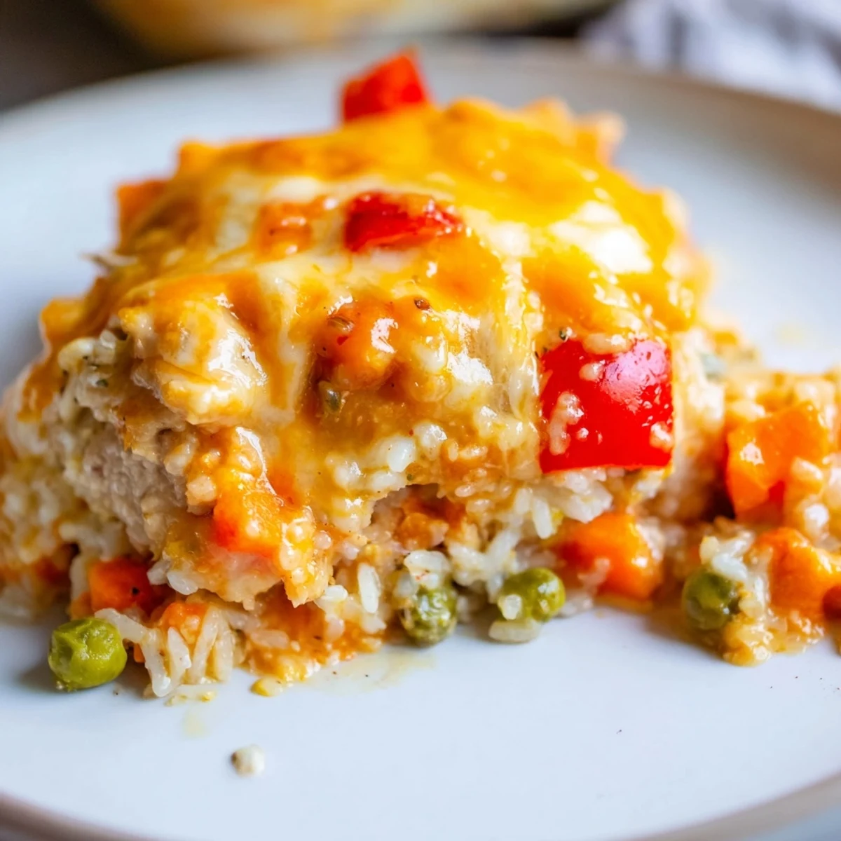 Golden baked Portuguese chicken rice with melted mozzarella over creamy coconut curry sauce and vegetables