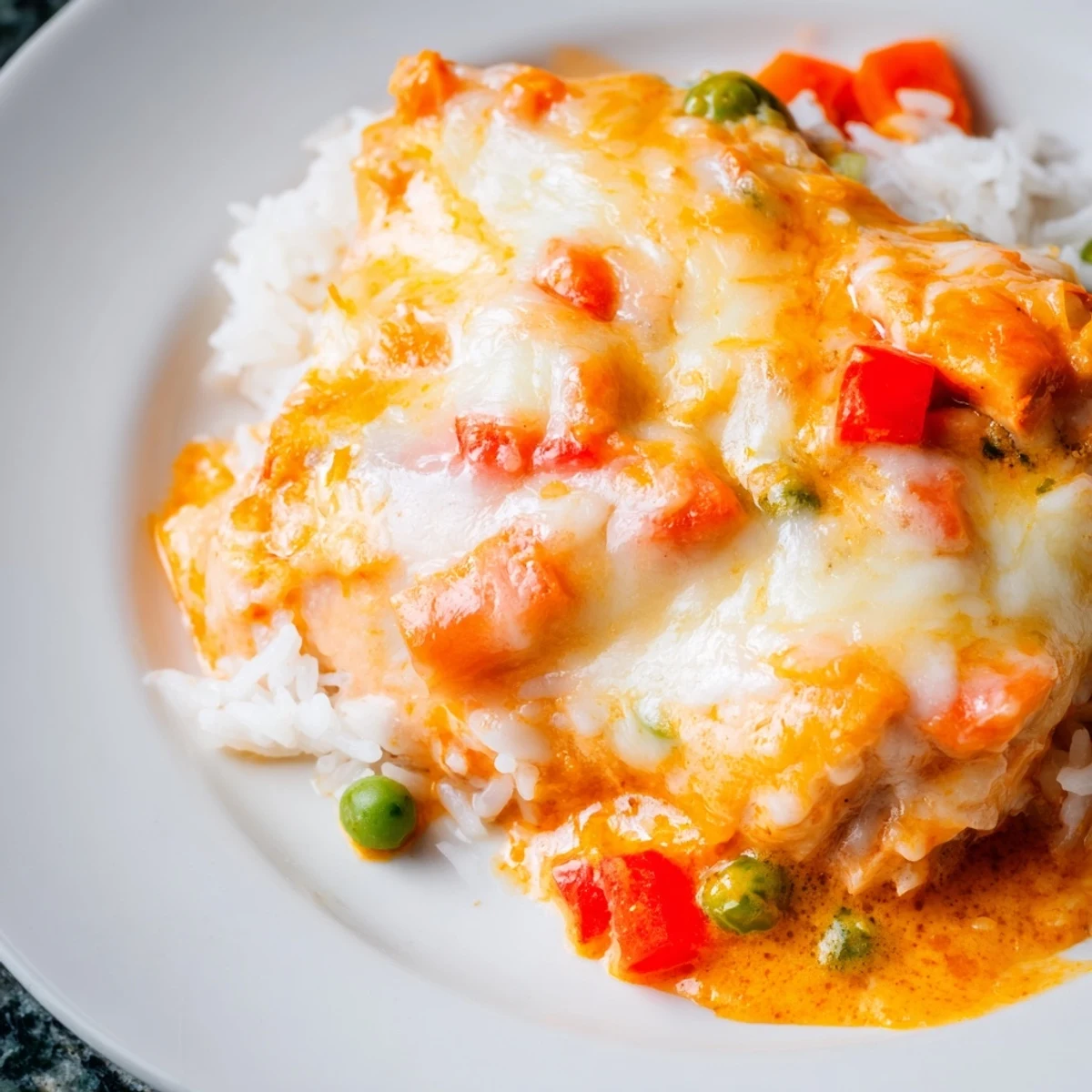 Creamy coconut curry baked Portuguese chicken rice with colorful vegetables and golden melted cheese layer