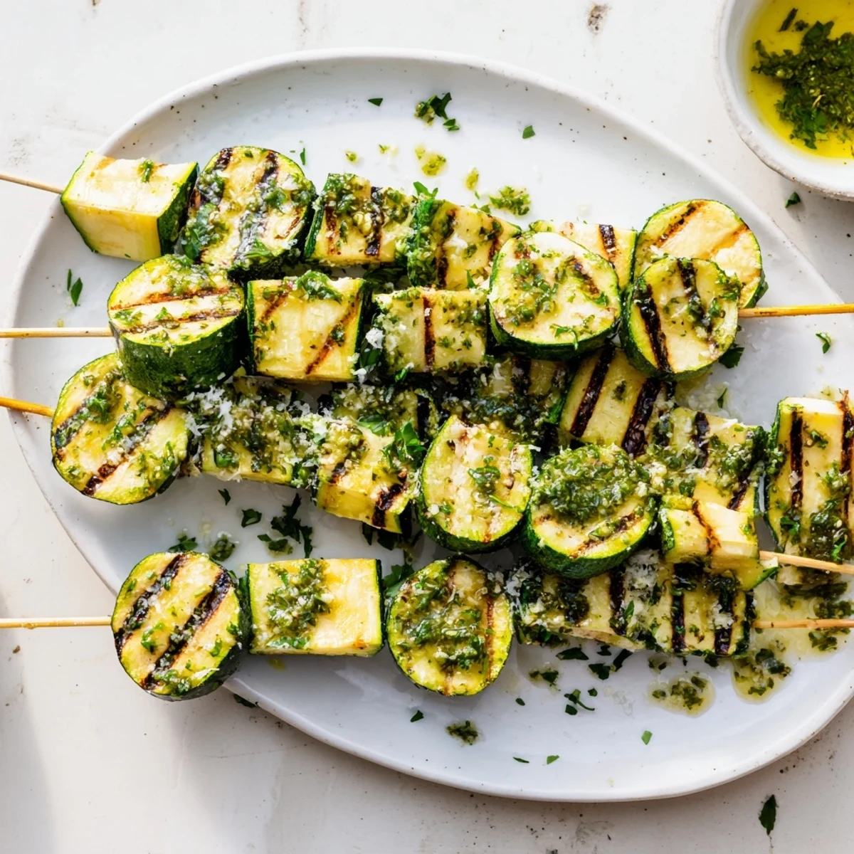 Golden grilled zucchini skewers brushed with melted garlic butter and fresh parsley